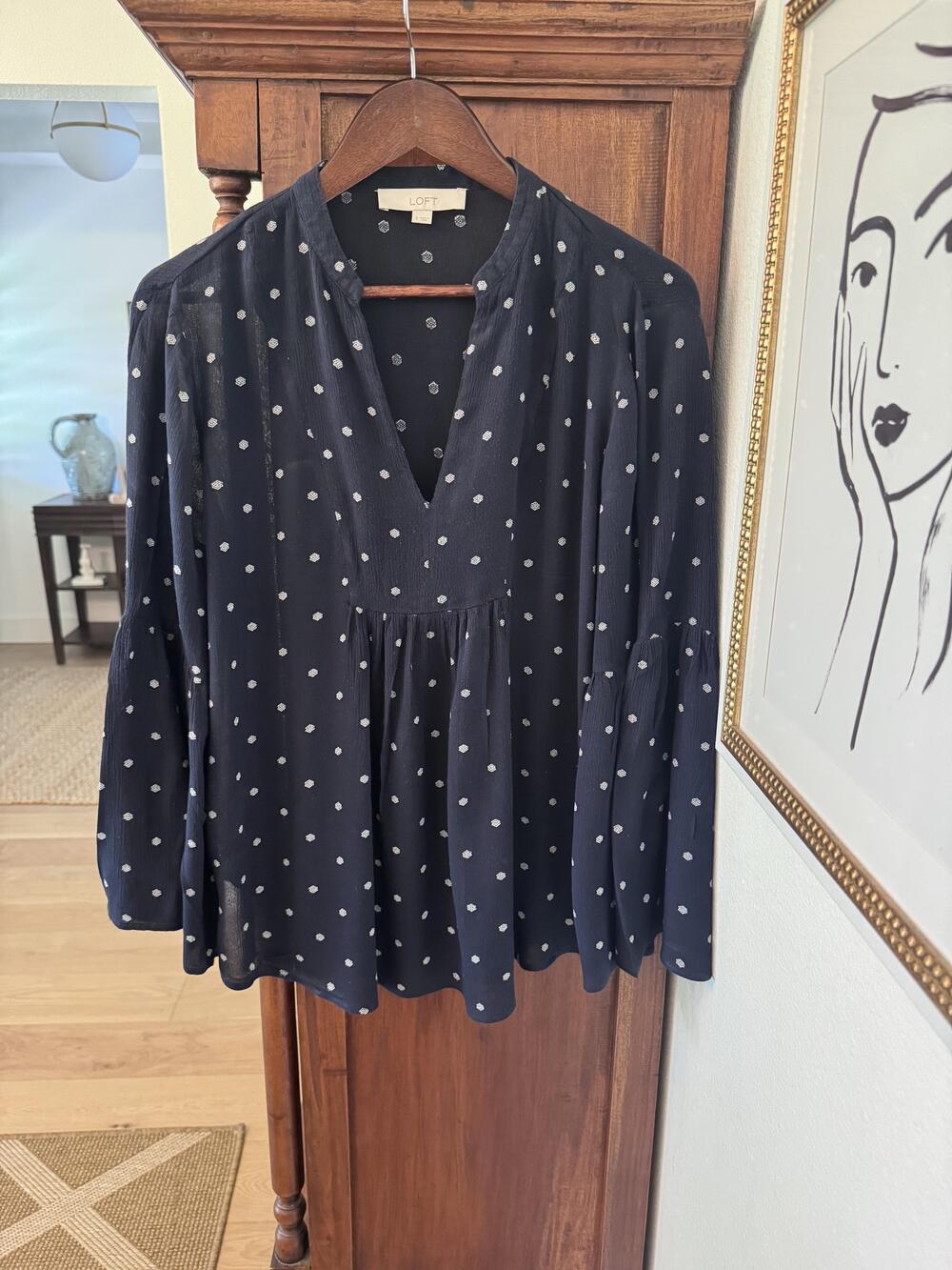 LOFT Blouse Womens Small Blue Polka Dot Long Bell Sleeve V Neck Boho Top